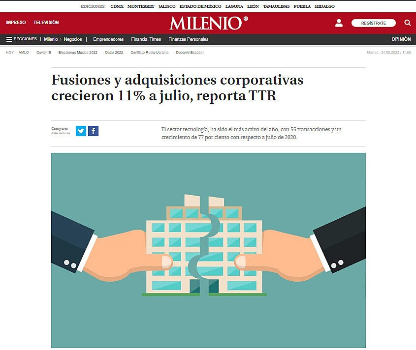 Fusiones y adquisiciones corporativas crecieron 11% a julio, reporta TTR